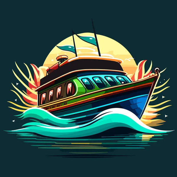 Tipikus Turistahajó Szabadidő Nyaralás Vízen Rajzfilm Vektor Illusztráció — Stock Vector