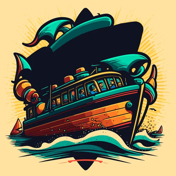 Cruzeiro Aventura Verão Barco Turístico Excursão Desenhos Animados Ilustração — Vetor de Stock