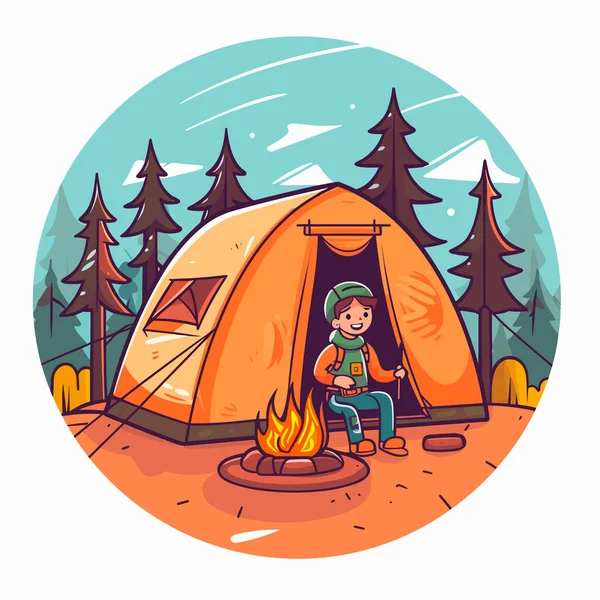 Camping Ett Tält Landsbygden Familjesemester Tält Tecknad Vektor Illustration — Stock vektor