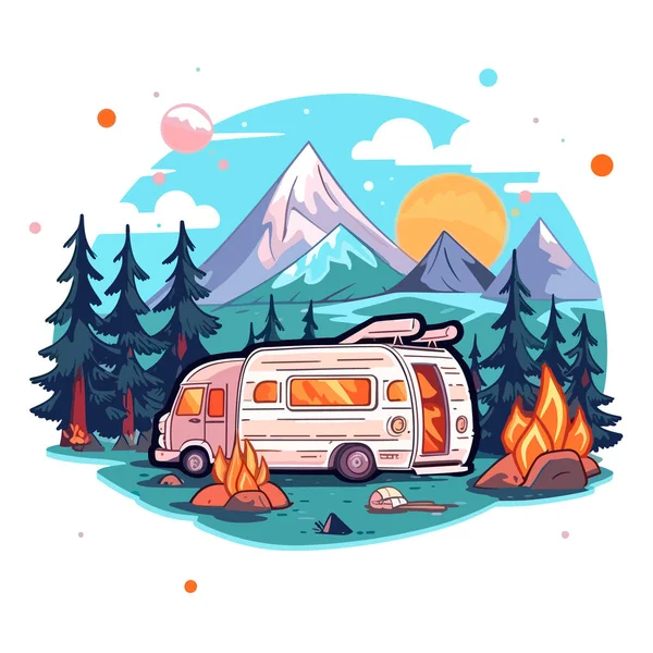 Voyage Caravane Pour Aventure Vacances Été Camping Voyage Famille Illustration — Image vectorielle