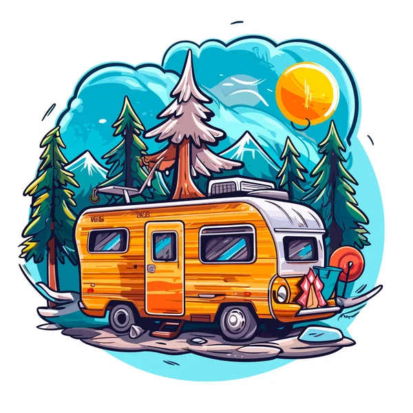Travel Caravan Adventure Summer Holidays Camping Family Trip Cartoon Vector — Stock Vector