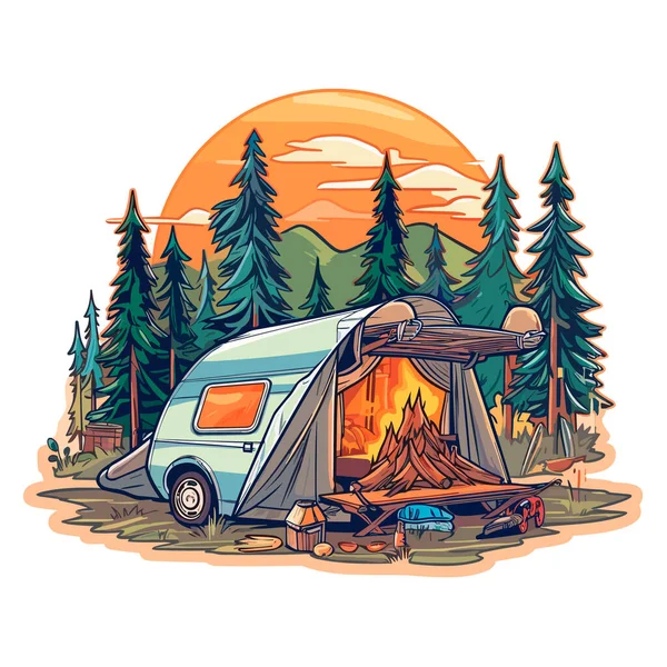 Camping Dans Une Tente Plein Air Aventures Vacances Été Dans — Image vectorielle