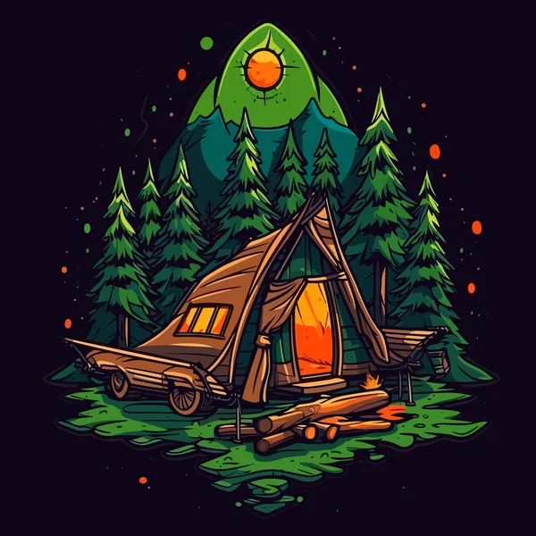 Camping Tält Naturen Sommarsemester Äventyr Ett Tält Tecknad Vektor Illustration — Stock vektor