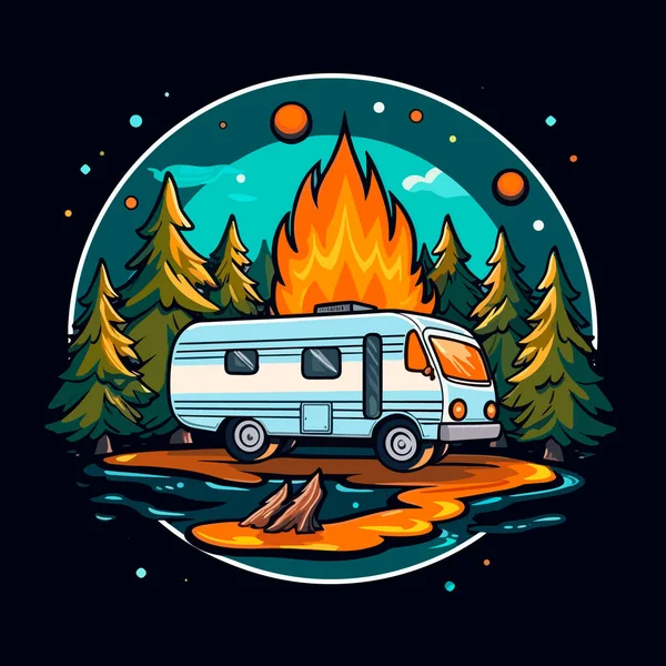 暑假和露营 乘大篷车去探险 家庭旅行 卡通矢量图解 T恤衫印刷 — 图库矢量图片