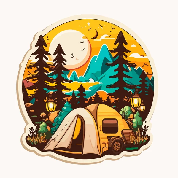 Camping Dans Nature Illustration Vectorielle Dessin Animé Étiquette Autocollant — Image vectorielle
