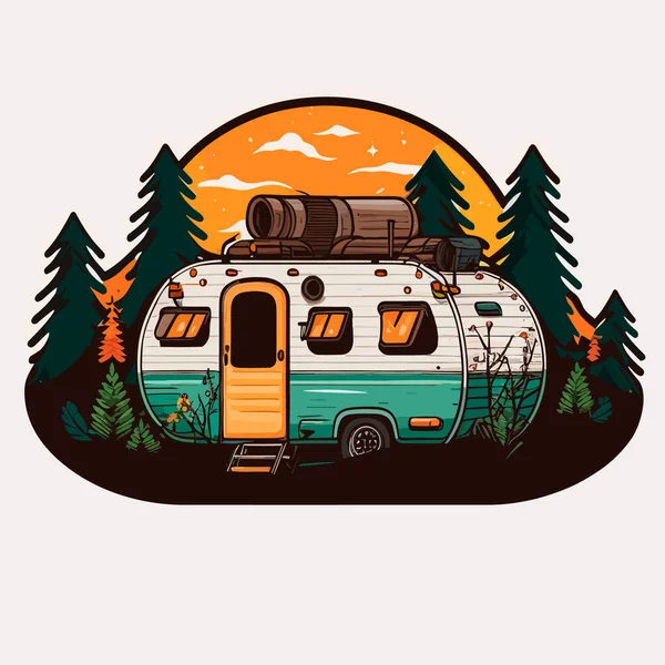 Vacances Été Camping Voyage Caravane Pour Aventure Voyage Famille Illustration — Image vectorielle