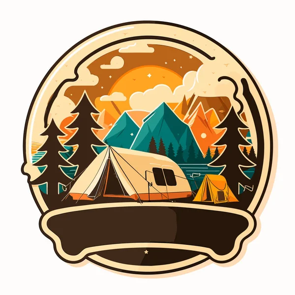 Tente Camping Dans Nature Illustration Vectorielle Dessin Animé Étiquette Autocollant — Image vectorielle
