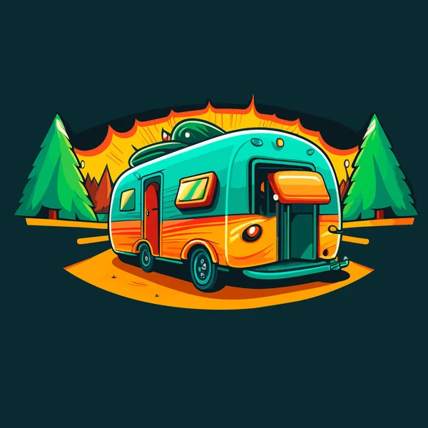 Retro Caravan Geparkeerd Een Camping Het Wild Cartoon Vector Illustratie — Stockvector