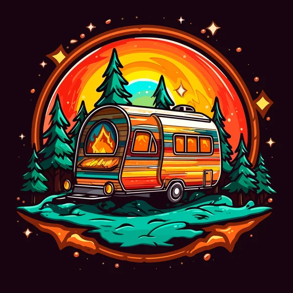 一辆大篷车去度假 夏天的冒险和露营家庭旅行 卡通矢量图解 T恤衫印刷 — 图库矢量图片#