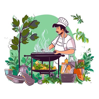 Yaz barbekü ızgarası zamanı. Adam ızgarada et pişiriyor. Çizgi film vektör çizimi. izole edilmiş arkaplan, etiket, etiket