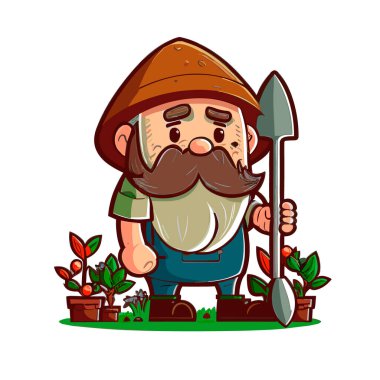 Bahçıvanlığa dikkat et, bahçeyi taze tutar. Bahçıvanlık işi. Çizgi film vektör çizimi. etiket, etiket