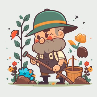 Bahçenin bakımı ve evin çevresi. Bahçıvanlık işi. Çizgi film vektör çizimi. etiket, etiket