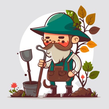 Bir bahçıvan toprağa yeni bitkiler koyar. Bahçe işleri, yeşillik ve parkların bakımı. Çizgi film vektör çizimi. etiket, etiket