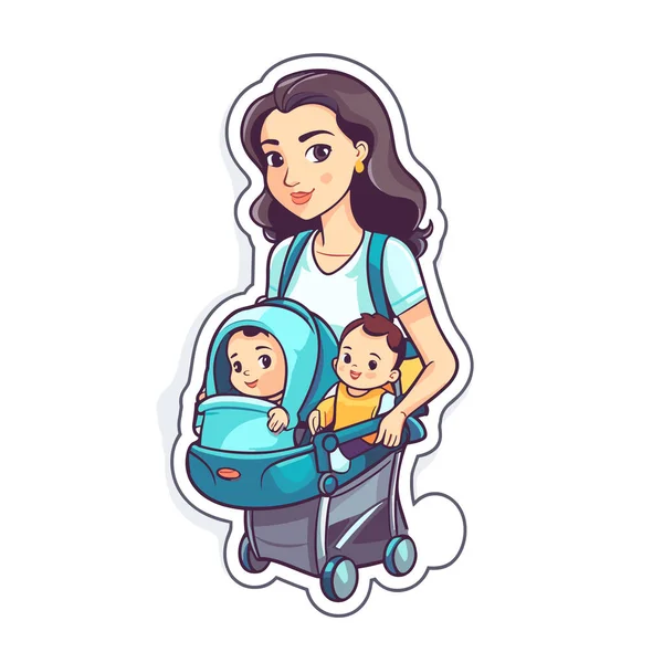 Mutter Auf Einem Spaziergang Mit Kleinen Kindern Zeichentrickvektorillustration Isolierter Hintergrund — Stockvektor