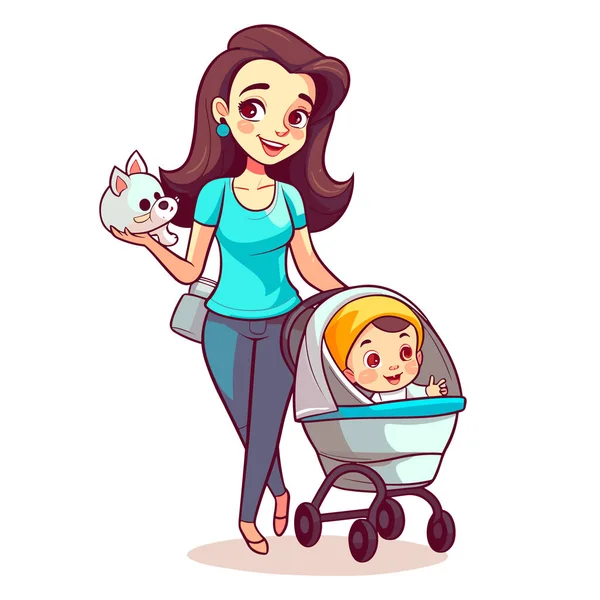Junge Mutter Bei Einem Spaziergang Mit Kind Und Kleinem Hund — Stockvektor