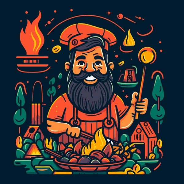 Zomer Barbecue Koken Boven Een Warm Vuur Bbq Tijd Grillfeestje — Stockvector