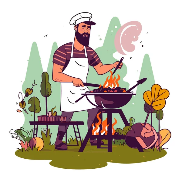 厨师在烤肉烤架上烹调肉类 在夏天的周末烤 卡通矢量图解 孤立的背景 — 图库矢量图片#