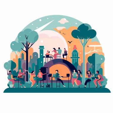 Müzik yaz festivali. Parkta parti var. Çizgi film vektör illüstrasyonu.