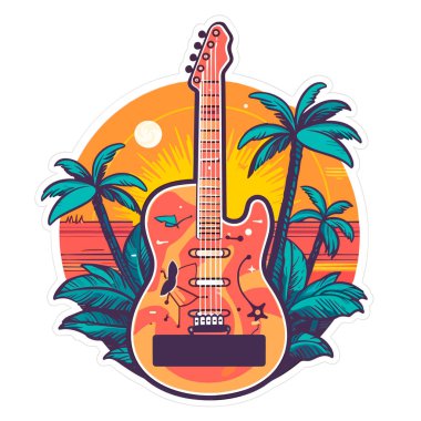 Yaz müzik partisi. Gitar ve palmiye ağaçları güneş ışığına karşı. Çizgi film vektör çizimi. Davet, etiye, etiket