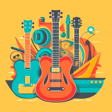 Soyut müzik aletleri gitarları. Müzik yaz festivali. Müzik aletleri satışı. Çizgi film vektör illüstrasyonu.