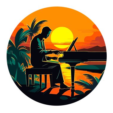 Arka planda güneş batarken bir adam piyano çalar. Müzikal piyano konseri. Çizgi film vektör çizimi. Etiket, etiket, amblem, davetiye kartı