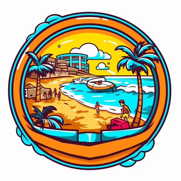 Badebucht Mit Strand Und Ferienanlage Hintergrund Cartoon Illustration Weißer Hintergrund — Stockvektor