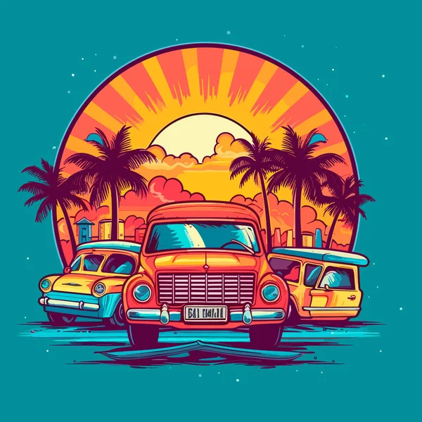 Ρετρό Αυτοκίνητο Καλοκαιρινό Πάρτι Στην Παραλία Ανάμεσα Φοίνικες Ηλιοβασίλεμα Εικονογράφηση — Διανυσματικό Αρχείο