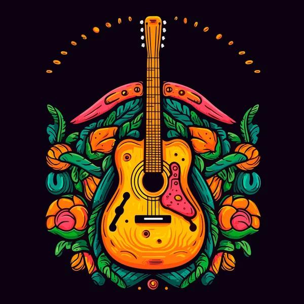 Guitar Solo Lyrical Depiction Musical Instrument Floral Decoration Cartoon Vector — Stock Vector