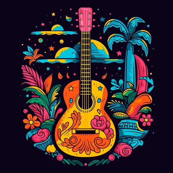 Guitar Solo Abstract Representation Musical Instrument Flowers Palm Tree Background — Stock Vector