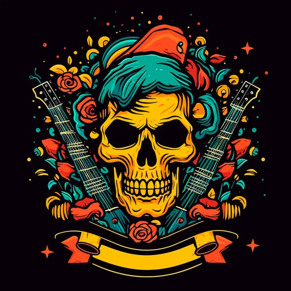 Crâne Comme Symbole Concert Rock Guitares Fleurs Arrière Plan Illustration — Image vectorielle