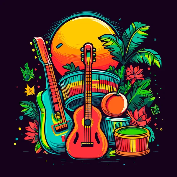 夏天的音乐派对吉他和棕榈树在阳光的映衬下生长 卡通矢量图解 邀请函 — 图库矢量图片