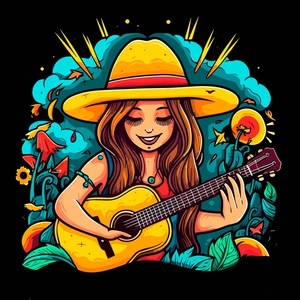 若い女の子がギターを弾く 火による夏のガーデンパーティーコンサート 漫画ベクトルイラスト — ストックベクタ