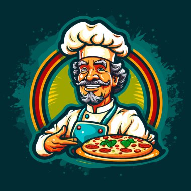 Şef pizzacıda pizza pişiriyor. İtalyan mutfağı. Çizgi film vektör çizimi. izole edilmiş arkaplan, etiket, etiket