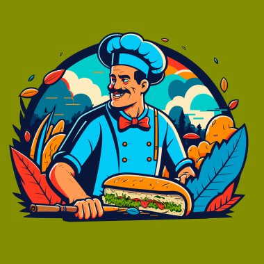 Fırıncı taze sedwich yapar. Sabah kahvaltısı menüsü. Çizgi film vektör çizimi. etiket, etiket