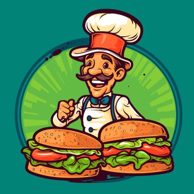 Sedwich veya taze sebzeli baget. Şef kahvaltı menüsünü hazırlıyor. Çizgi film vektör çizimi. etiket, etiket