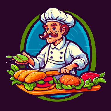 Şef bir Fransız ekmeği pişiriyor. Sehpadaki fast food. Çizgi film vektör çizimi. etiket, etiket