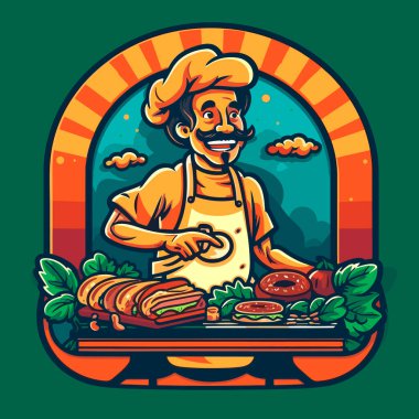 Şef kahvaltı menüsünü hazırlıyor. Sedwich veya taze sebzeli baget. Çizgi film vektör çizimi. etiket, etiket