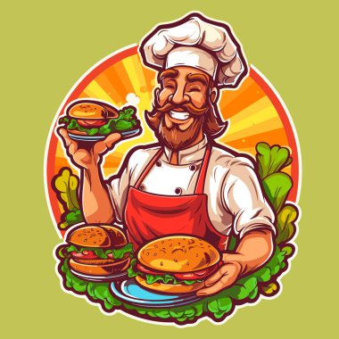 Şef elinde hazırlanmış bir hamburger tutuyor. Yemek ve Fast food konsepti. Çizgi film vektör çizimi. izole edilmiş arkaplan, etiket, etiket