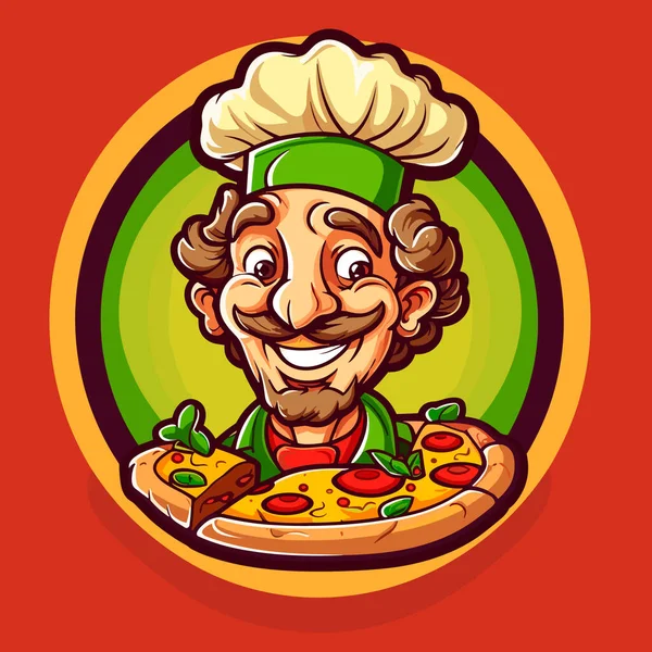 Leende Chef Seriefigur Pizzeria Symbol Eller Etikett Italienska Köket Tecknad — Stock vektor