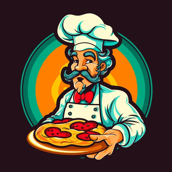 Szef Kuchni Piecze Pizzę Pizzerii Włoska Kuchnia Ilustracja Wektora Kreskówki — Wektor stockowy