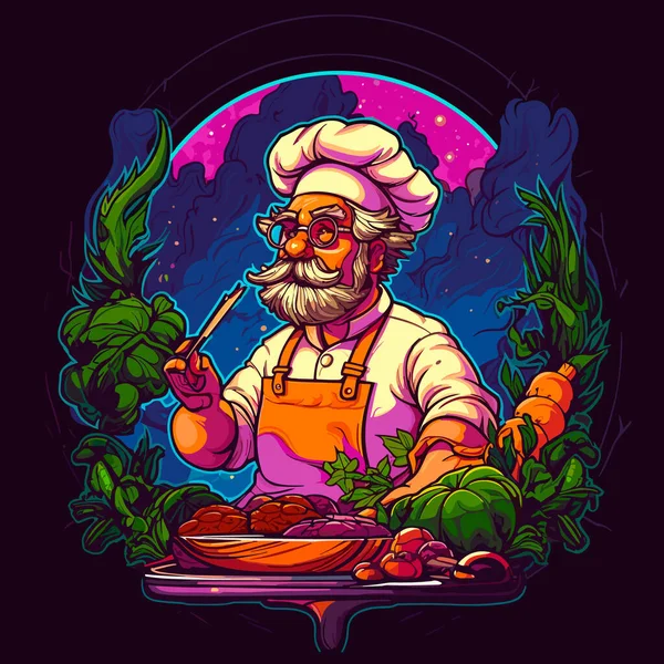 Chef Prepara Verduras Para Una Fiesta Barbacoa Dibujos Animados Vector — Vector de stock