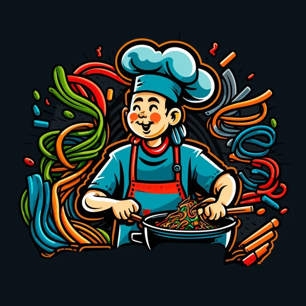 Gebratene Nudeln Zubereitet Von Einem Asiatischen Koch Traditionelles Streetfood Zeichentrickvektorillustration — Stockvektor