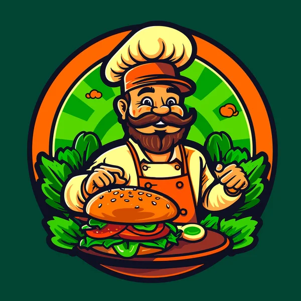 Der Koch Kocht Einen Hamburger Streetfood Von Einem Stand Zeichentrickvektorillustration — Stockvektor