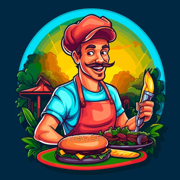 Szef Kuchni Trzyma Ręku Przygotowanego Hamburgera Catering Koncepcja Fastfood Ilustracja — Wektor stockowy