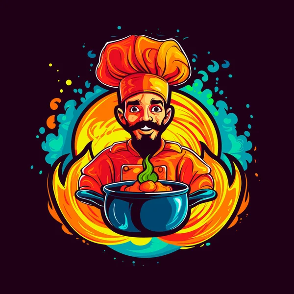 鍋に料理人のスープ漫画のベクトルイラスト — ストックベクタ