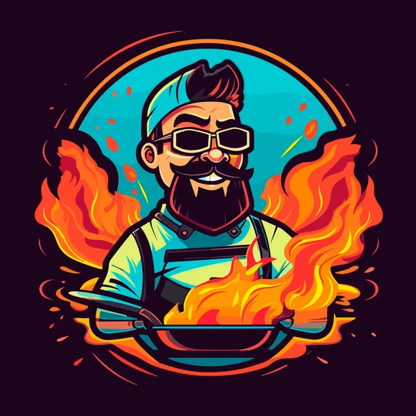 料理人は鍋で料理を揚げている バーベキューグリルの時間です 漫画ベクトルイラスト — ストックベクタ