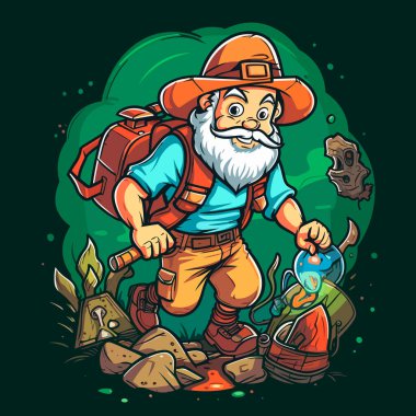 Kırsala seyahatler. Doğada saklı hazineleri bulmak için coğrafi araştırma. Çizgi film vektör çizimi. izole edilmiş beyaz arkaplan