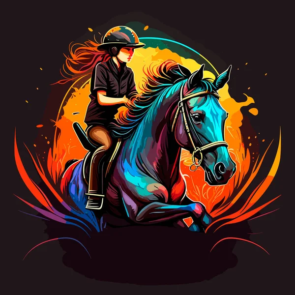 Kobieta Koniu Jeździecki Sport Ilustracja Wektora Kreskówki Pojedyncze Tło Etykieta — Wektor stockowy