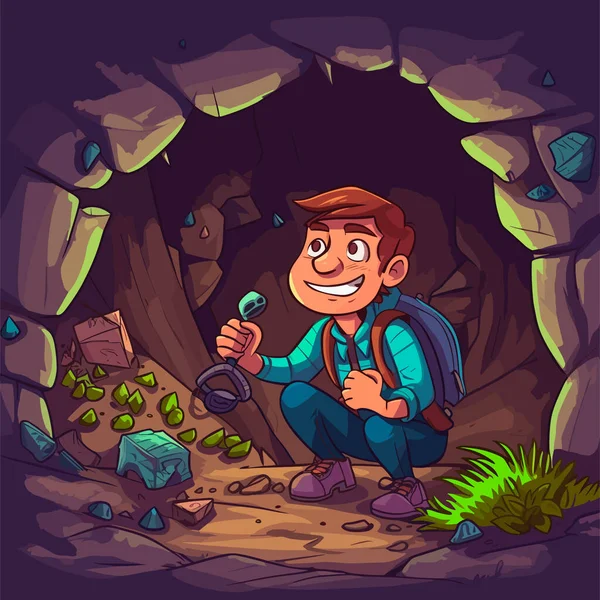 Buscando Tesoros Ocultos Naturaleza Exploración Cuevas Aventureras Dibujos Animados Vector — Vector de stock