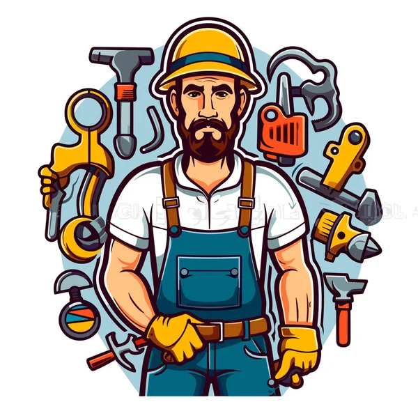 建設現場での修理やメンテナンスのための建設ツールを持つ建設労働者 漫画ベクトルイラスト — ストックベクタ